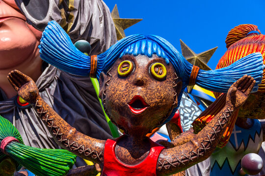Putignano, Apulia, Italy - February 15, 2015: carnival floats, monster of papier mache. Carnival of Putignano: allegorical float with Rag doll.