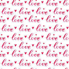 Fototapeta na wymiar Seamless pattern: words love, simple red hearts on white. Romantic, tender design with lettering for wedding, saint valentine's day decor of textile, wrapping paper, card.