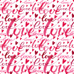 Seamless pattern: many hand written words love , small nice hearts. Holiday design in pink and red colors for saint valentine's day or wedding decor textile, wrapping paper, wallpaper, scrapbooking.