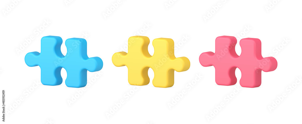 Poster bright puzzle pieces for logic game connecting brainstorming or solving problem 3d icon isometric