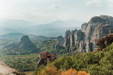 Fototapeta na wymiar Beautiful panoramic view in the mountains. Monasteries in meteora, Greece