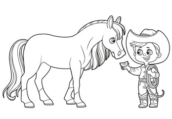 Cute cartoon boy cowboy in hat holding lasso feed the horse an apple outlined for coloring page on white background
