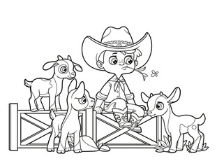 Cute cartoon boy cowboy in hat sits on the fence and looks at the goatlings nearby outlined for coloring page on white background
