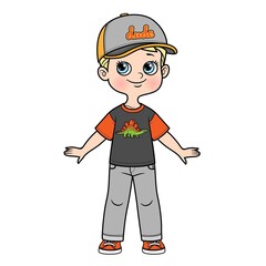 Cute cartoon boy in cap with visor, t-shirt and jeans color variation for coloring on a white background