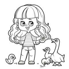 Cute cartoon girl girl with wavy hair feeds grains to geese and chickens outlined for coloring page on white background