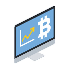 Bitcoin cryptocurrency computer screen charts. Vector 3d line isometric, color web icons, new flat style. Creative design idea for infographics.