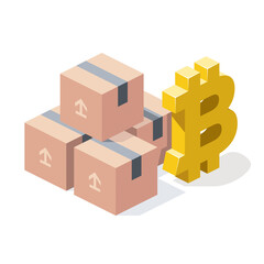 Carton box packing bitcoin cryptocurrency. Vector 3d line isometric, color web icons, new flat style. Creative design idea for infographics.