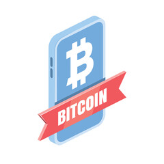 Bitcoin cryptocurrency smart phone screen label. Vector 3d line isometric, color web icons, new flat style. Creative design idea for infographics.
