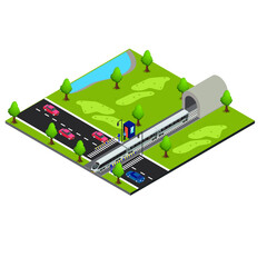 Train crossing the road isometric 3d vector concept for banner, website, illustration, landing page, flyer, etc.