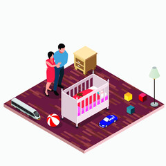 Happy parents and their newborn isometric 3d vector concept for banner, website, illustration, landing page, flyer, etc.