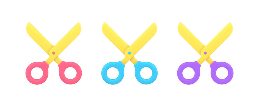 Collection multicolored scissors with rings handles and sharp blade for cutting, chopping 3d icon