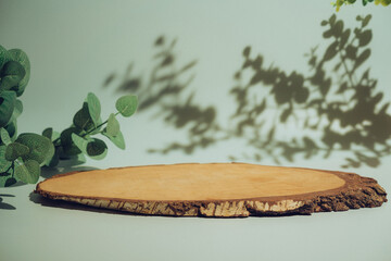 Wooden podium with leaves and shadows. Realistic wood platform for product presentation. Minimal...