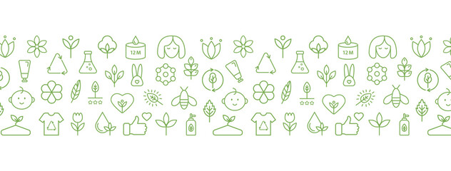 Natural and organic cosmetic line icon on long banner. GMO free. Recycle, reuse, reduce logo. Beauty product. Hypoallergenic, safe for children, clean, non toxic. Eco, vegan, bio. Vector illustration