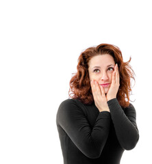 young woman propped her face with her hands on a white background.