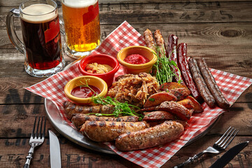 Fried sausages, potato wedges, stewed cabbage, sauces as beer snack