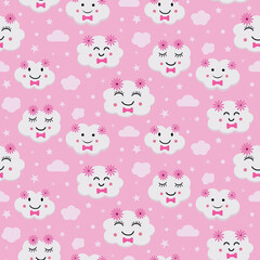 Cute little white clouds seamless pattern with flowers and bow tie on plush pink background. Great for kids textile, baby shower and nursery wall 