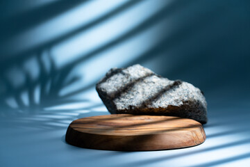 Wooden podium with shadows. Realistic wood platform for product presentation. Minimal nature scene...