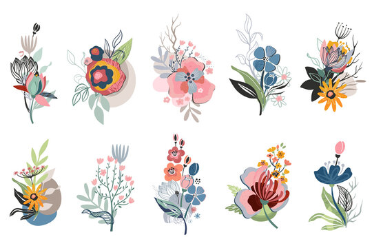 Vector collection of hand drawn compositions with flowers