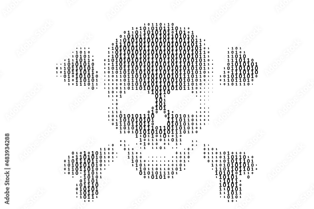 Poster skull with bones in binary code stream on black background.concept of hacker attack, cyber piracy.
