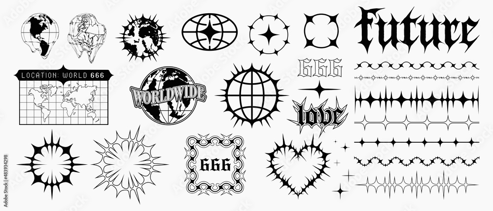 Aufkleber collection of acid graphics vector design. set of rave elements.
