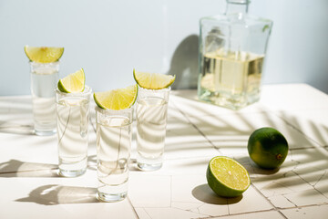 Mexican Gold Tequila with lime and salt on white background with shadows and copyspace.