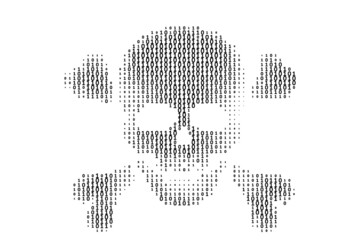 skull with bones in binary code stream on black background.concept of hacker attack, cyber piracy.
