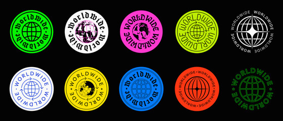 Set Of Worldwide Sticker Badges Vector Design. Cool Global Stickers Graphic. - obrazy, fototapety, plakaty