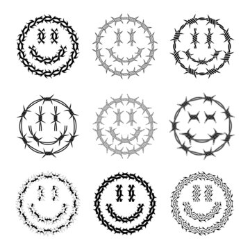 Set Of Cool Smile Acid Graphics Elements. Barb Wire Ornament.