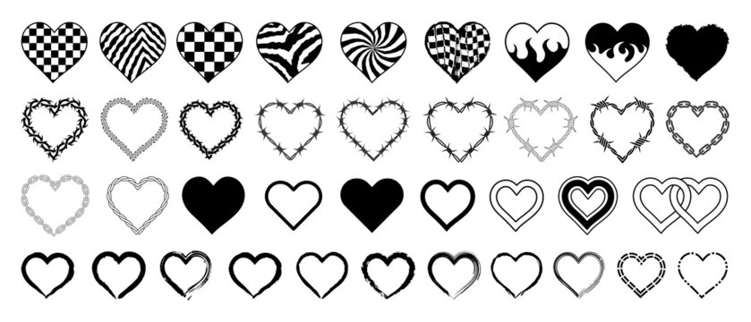 Set of Heart Acid Style Shapes. Collection of Love Signs Vector Design. Rave Graphics.