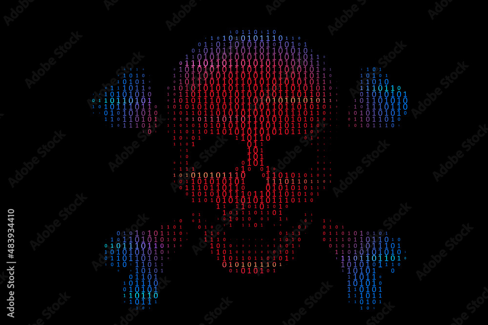Poster skull with bones in binary code stream on black background.concept of hacker attack, cyber piracy.