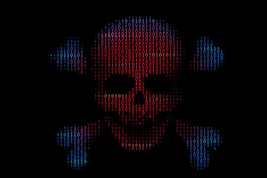 skull with bones in binary code stream on black background.concept of hacker attack, cyber piracy.