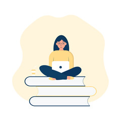 Flat character of a girl on books with a laptop.  Concept of comfort. Woman working at her laptop. People, technology, the concept of remote work. Distance education.