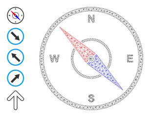 Vector compass mesh icon model. Abstract flat mesh compass, created from flat mesh. Mesh carcass compass icon image in lowpoly style with connected linear items and similar objects.