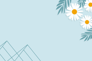 Daisy flower, leaves and abstract line art hill on blue background vector. 