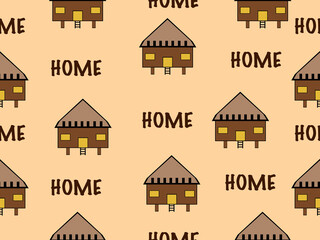Home cartoon character seamless pattern on orange background.