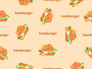 Hamburger cartoon character seamless pattern on orange background.Pixel style