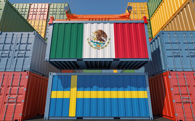 Freight containers with Sweden and Mexico national flags. 3D Rendering 