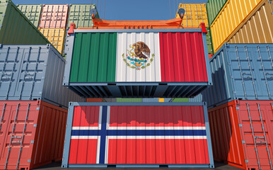 Freight containers with Norway and Mexico national flags. 3D Rendering 