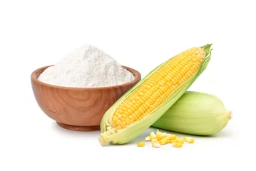 Fotobehang Corn starch in wooden bowl with fresh corn isolated on white background. © Paitoon