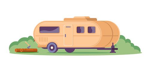 Camping trailer parked at green grass bushes near wood log and ax isometric vector flat illustration. Travel adventure halt overnight road trip recreation leisure outdoor activity. Motorhome vacation