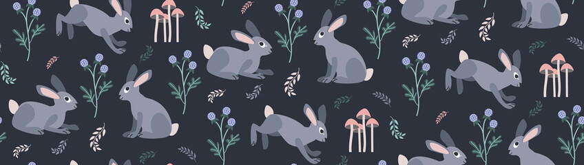vector seamless pattern with rabbits and flora
