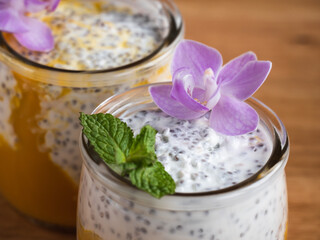 Healthy dessert - chia pudding with mango and mint.