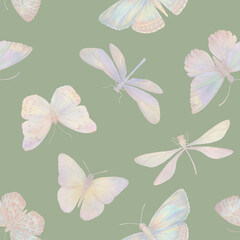 Fototapeta na wymiar Watercolor butterflies seamless pattern. Abstract butterflies painted in watercolor in mixed media. Botanical background for design, print, wallpaper, textile, wrapping paper.