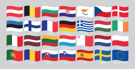 Vector European Union flags - wavy. Isolated on white background.