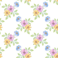 Abstract watercolor illustration with flowers. Watercolor flower prints with leaves repeating seamless pattern. endless motif for textile decor, wallpaper, wrapping paper packaging and design