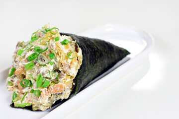 Salmon fish Temaki in white background