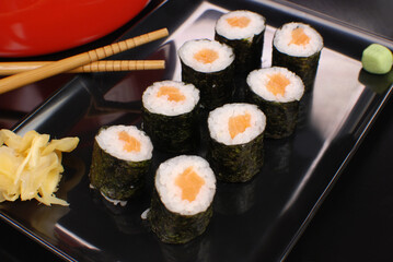 Salmon fish sushi in black background