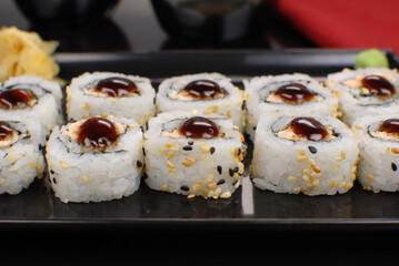 Salmon fish sushi in black background