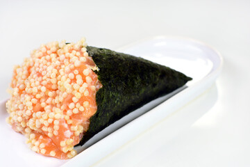 Salmon fish Temaki in white background