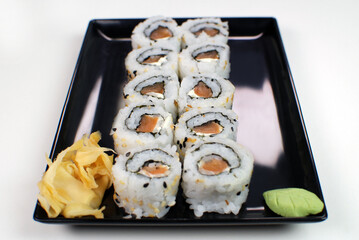 Salmon fish hossomaki in white background